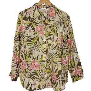 J Jill Love Linen Button Down Tropical Long Sleeve Shirt Size Medium Hawaiian